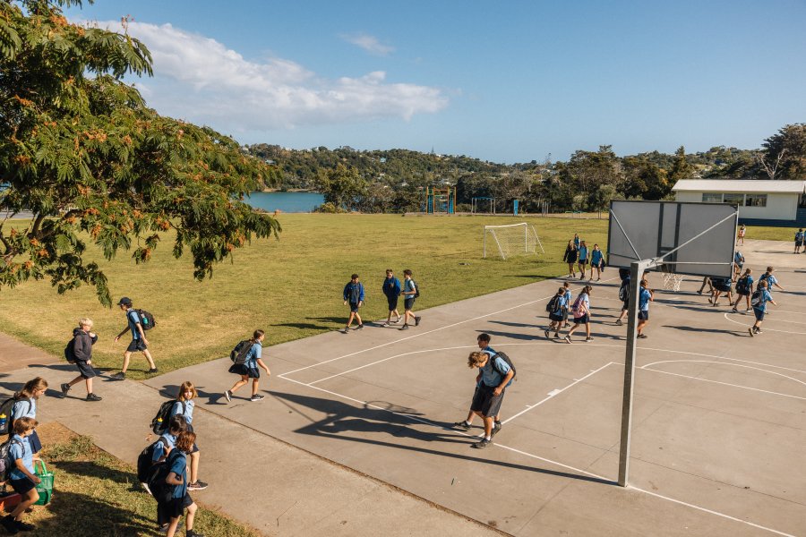 Students on the school grounds, Waiheke High School