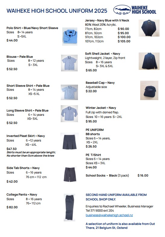 Waiheke High School Uniform Price List 2025