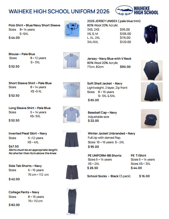 Waiheke High School Uniform Price List